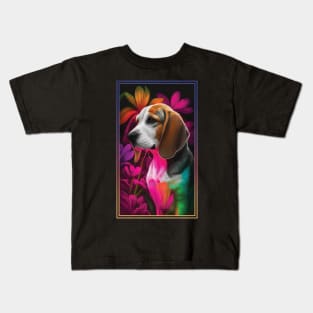 Beagle Vibrant Tropical Flower Tall Digital Oil Painting Portrait Kids T-Shirt